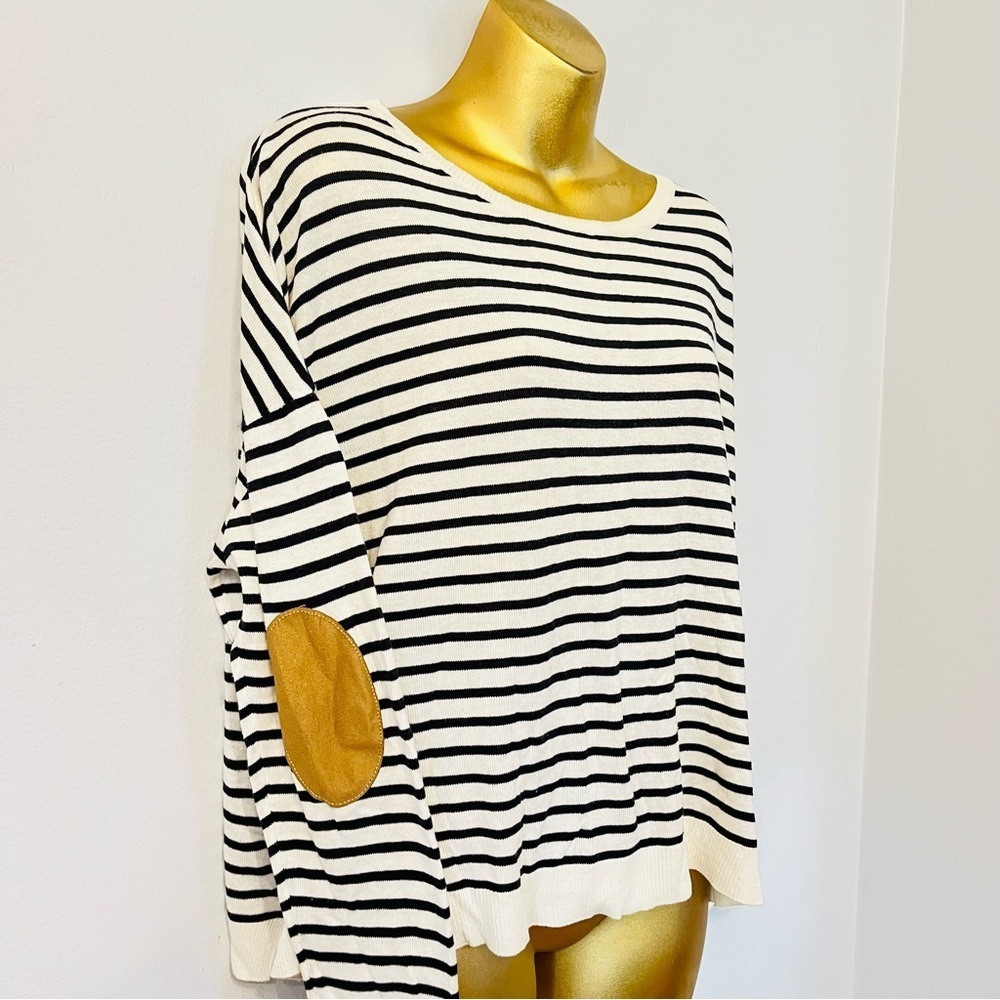 Zara Knit Striped Sweater Black White Elbow Patch Medium Casual Nautical - Picture 3 of 5